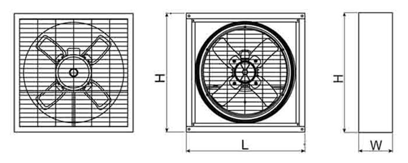 Bản vẽ kỹ thuật của sản phẩm quạt hút gió vuông công nghiệp kích thước 500x500